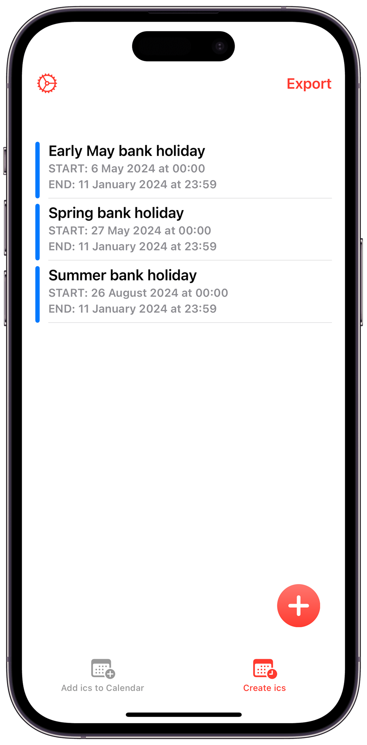 Create and export an ICS file containing multiple events